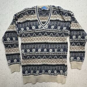 VTG Kay & Kay Prep Shaggy Mohair Alpaca Fair Isle V Neck Sweater Navy Size 42